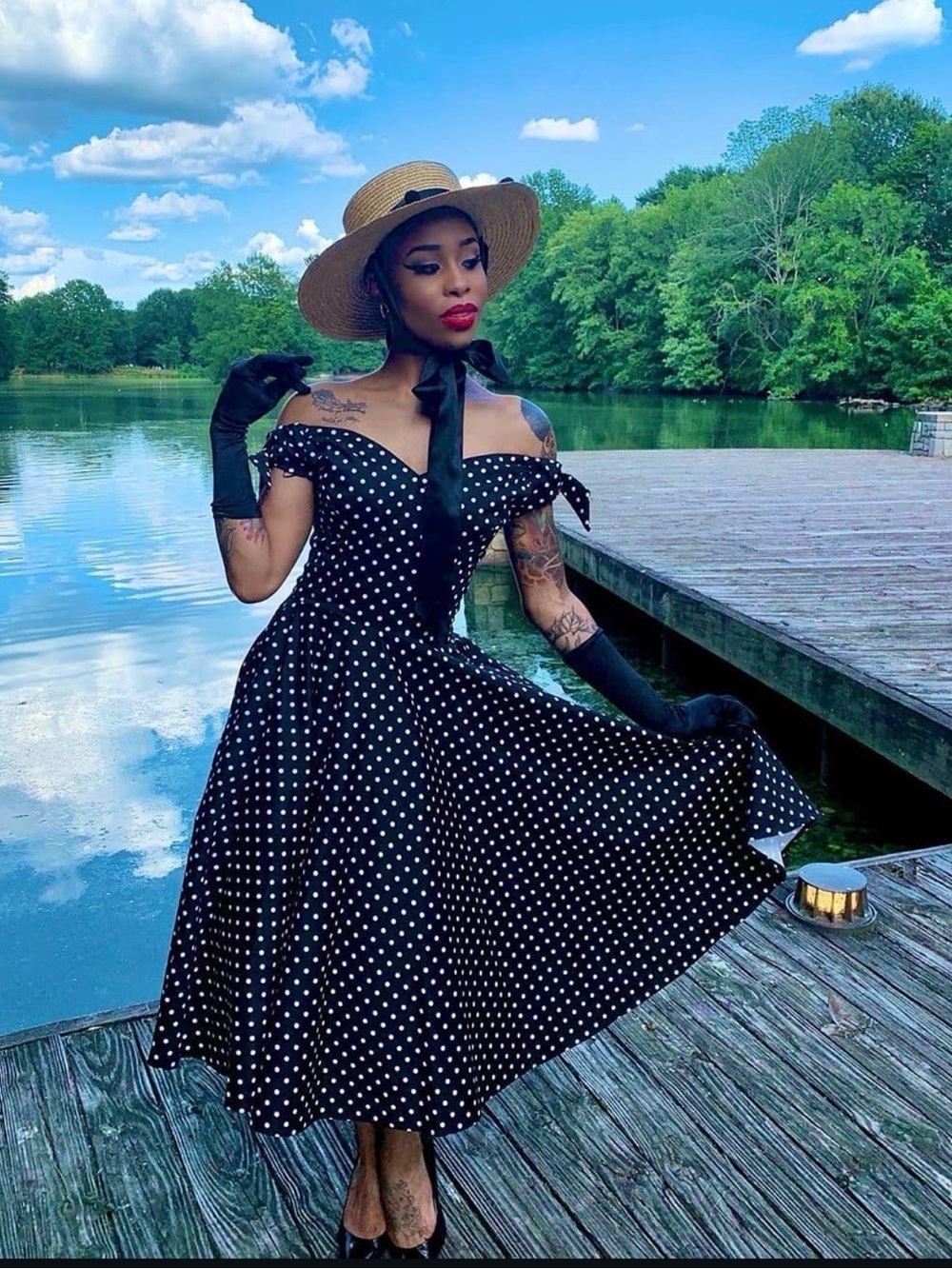 Vintage-Inspired Black Polka Dot Off-Shoulder Swing Dress